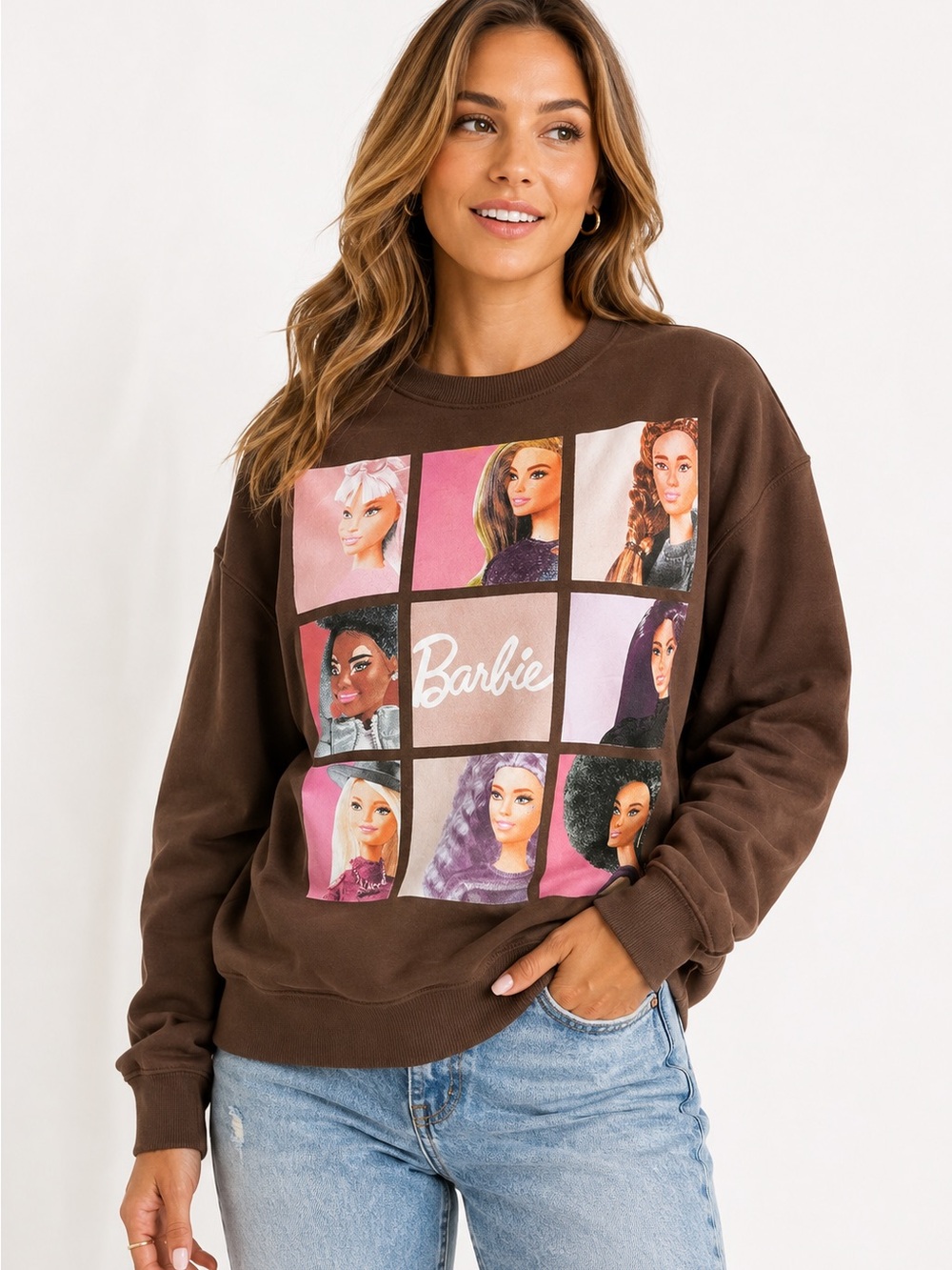 Barbie Brown Graphic Sweatshirt XS Movie Dolls Fleece Crewneck Pullover Cute